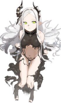1girl absurdres arm_support bare_shoulders barefoot bikini black_bikini black_horns black_liquid breasts closed_mouth commentary covered_collarbone forehead frown full_body gluteal_fold goddess_of_victory:_nikke green_eyes grey_hair highres horns leviathan_(nikke) liquid_clothes long_hair looking_to_the_side medium_breasts navel parted_bangs piercing pointy_ears pubic_tattoo sidelocks simple_background sitting solo stomach sumi_(pixiv_123219118) swimsuit tattoo thigh_gap very_long_hair white_background