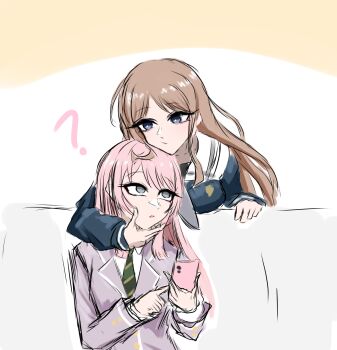 2girls bang_dream! bang_dream!_it&#039;s_mygo!!!!! blue_eyes blue_shirt brown_hair cellphone chihaya_anon closed_mouth commentary diagonal-striped_clothes diagonal-striped_necktie green_necktie grey_eyes grey_jacket hand_on_another&#039;s_chin haneoka_school_uniform highres holding holding_phone jacket jo8blhrvkta6duw long_hair multiple_girls nagasaki_soyo necktie open_mouth phone pink_hair school_uniform shirt smartphone striped_clothes tsurime yuri