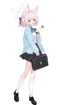 Rule 34 | 1girl, absurdres, animal ear fluff, animal ears, bag, black shoes, black skirt, blue archive, blue bow, blue bowtie, blue eyes, bow, bowtie, braid, briefcase, chinese commentary, commentary request, dress shirt, fox ears, fox girl, full body, hair bow, half up braid, halo, heart, highres, jacket, kneehighs, nammmmer, niko (blue archive), open mouth, pink hair, pleated skirt, school briefcase, shirt, shirt tucked in, shoes, short hair, simple background, skirt, smile, socks, solo, standing, white background