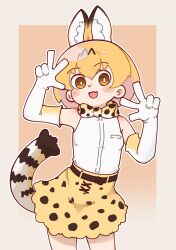 Rule 34 | 1girl, animal ears, bare shoulders, belt, blonde hair, border, bow, bowtie, brown border, cat ears, cat girl, cat tail, cowboy shot, dot nose, double w, elbow gloves, extra ears, gloves, gradient background, halftone, halftone background, highres, kemono friends, legs apart, looking at viewer, orange background, outside border, serval (kemono friends), serval print, shirt, short hair, simple background, skirt, sleeveless, sleeveless shirt, smile, solo, sorairo meronpan, standing, tail, v, w, yellow eyes