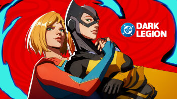 2girls barbara_gordon bat_signal batgirl batman_(series) batman_symbol black_bodysuit black_gloves blonde_hair blue_eyes bodysuit breasts cape commentary cowl dc:_dark_legion dc_comics english_commentary gloves grey_bodysuit highres large_breasts long_hair long_sleeves looking_at_viewer mask medium_breasts multicolored_bodysuit multiple_girls official_art red_cape red_hair short_hair smile supergirl superhero_costume taut_bodysuit two-tone_bodysuit yuri