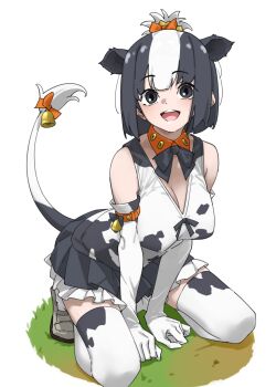 1girl :d animal_ears animal_print arm_belt bare_shoulders bell black_bow black_bowtie black_eyes black_hair black_skirt bow bowtie breasts cleavage commentary cow_ears cow_girl cow_print cow_print_gloves cow_print_shirt cow_print_thighhighs cow_tail detached_collar elbow_gloves extra_ears frilled_skirt frills full_body gloves hair_bow highres holstein_friesian_cattle_(kemono_friends) kemono_friends large_breasts looking_at_viewer multicolored_hair open_mouth orange_bow print_gloves print_shirt print_thighhighs shirt simple_background sitting skirt sleeveless sleeveless_shirt smile solo tail tail_bell tail_bow tail_ornament tanabe_(fueisei) thighhighs two-tone_hair white_background white_hair zettai_ryouiki
