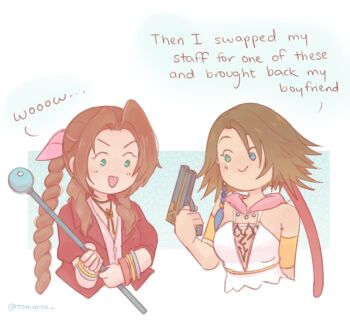 2girls absurdres aerith_gainsborough aqua_background armpit_crease artist_name bare_shoulders blue_eyes bow bracelet braid braided_ponytail breasts brown_hair commentary cropped_torso english_commentary english_text final_fantasy final_fantasy_vii final_fantasy_x final_fantasy_x-2 green_eyes gun hair_bow hair_intakes handgun heterochromia highres holding holding_gun holding_staff holding_weapon in-franchise_crossover jacket jewelry long_hair medium_breasts medium_hair multiple_girls open_clothes open_jacket open_mouth pink_bow pink_shirt red_jacket shirt smile staff tassel tomaroe twitter_username weapon yuna_(ff10)