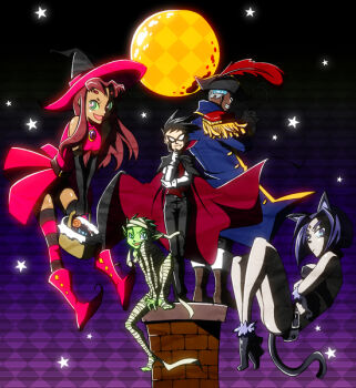 2girls 3boys alien animal_costume animal_ears barefoot beast_boy_(dc) belt black_hair boots candy cartoon_network cat cat_costume cat_ears cat_tail chimney colored_skin cosplay crossed_arms cyborg cyborg_(dc) dark_skin dc_comics dick_grayson domino_mask epaulettes eye_mask food green_hair green_skin grey_skin halloween hat high_heel_boots high_heels image_sample ladama mask moon multiple_boys multiple_girls mummy mummy_costume night orange_skin outdoors pale_skin pirate pirate_costume pirate_hat pixiv_sample purple_hair raven_(dc) resized robin_(dc) star_(sky) starfire striped_legwear tail teen_titans thighhighs vampire vampire_costume victor_stone witch witch_hat