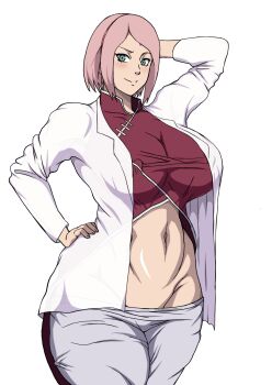 1girl arm_behind_head blush boruto:_naruto_next_generations breasts closed_mouth coat green_eyes hand_on_own_hip haruno_sakura highres huge_breasts lab_coat large_breasts looking_at_viewer mature_female naruho naruto_(series) navel pointy_nipples short_hair simple_background smile solo source_request tagme white_background white_coat wide_hips