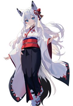 Rule 34 | 1girl, animal ears, azur lane, blue eyes, commentary request, fox, fox ears, fox girl, fox tail, full body, hair ornament, highres, japanese clothes, kawakaze (azur lane), kimono, long hair, long sleeves, looking at viewer, natsuki (natsu 1936), red sash, sandals, sash, smile, socks, solo, tail, white background, white hair, white socks