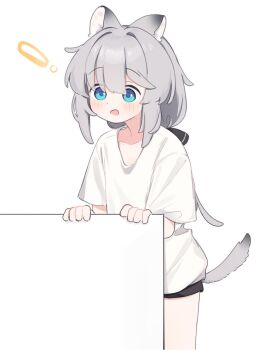 ! 1girl animal_ear_fluff animal_ears black_ribbon black_shorts blue_eyes blush collarbone commentary grey_hair hair_between_eyes hair_ribbon low_ponytail open_mouth original ponytail ribbon riya_(01214) shirt short_shorts short_sleeves shorts simple_background solo standing symbol-only_commentary tail white_background white_shirt