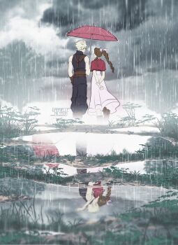 1boy 1girl aerith_gainsborough arms_around_neck arms_behind_back artist_name baggy_pants bare_shoulders belt blonde_hair boots braid braided_ponytail brown_belt brown_boots brown_hair cloud_strife couple cropped_jacket different_reflection dress final_fantasy final_fantasy_vii final_fantasy_vii_rebirth final_fantasy_vii_remake full_body gabbinesss grass hair_ribbon hetero highres holding holding_umbrella jacket kiss long_dress long_hair looking_at_another multiple_belts outdoors pants parted_bangs pink_dress pink_ribbon rain red_jacket reflection ribbon short_hair sidelocks single_braid sleeveless sleeveless_turtleneck spiked_hair suspenders turtleneck umbrella