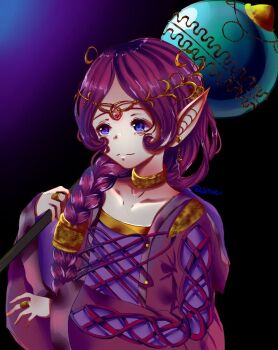 1girl artist_name bad_id black_background blue_eyes braid circlet closed_mouth commentary earrings holding holding_staff hood hood_down jetorii jewelry light_smile lips long_hair long_sleeves merlina_(sonic) neck_ring parted_bangs parted_hair pointy_ears purple_hair ring single_braid solo sonic_(series) sonic_and_the_black_knight staff upper_body