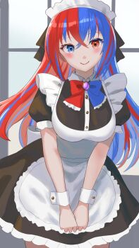 1girl alternate_costume apron black_dress blue_bow blue_eyes blue_hair blush bow breasts closed_mouth crossed_bangs dress female_alear_(fire_emblem) fire_emblem fire_emblem_engage hair_between_eyes heterochromia highres large_breasts long_hair looking_at_viewer maid maid_apron maid_headdress multicolored_hair nintendo puffy_short_sleeves puffy_sleeves red_bow red_eyes red_hair short_sleeves smile solo split-color_hair tarutaru193 two-tone_hair very_long_hair white_apron white_headdress white_wrist_cuffs wrist_cuffs