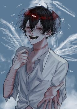 1boy aegyo_sal attempted_suicide black_hair blood blue_sky closed_eyes collared_shirt commentary_request crossed_bangs double-parted_bangs facing_viewer grin hair_between_eyes halo highres hosikage4040 looking_at_viewer male_focus nosebleed offering_hand open_mouth original outdoors scar scar_on_arm scar_on_neck self-harm shirt short_hair simple_bird sky smile solo translation_request white_shirt white_wings wings wrist_cutting