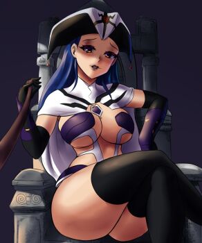 1girl althena armor bikini_armor black_lips black_thighhighs blue_hair breasts cape cleavage crossed_legs dark_background evil_smile gloves helmet highres large_breasts leash legs leonart luna_noah lunar:_the_silver_star parted_lips red_eyes sideboob skimpy_outfit smile teeth thighhighs thighs throne