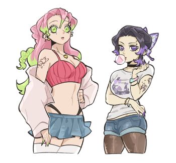 2girls alternate_costume arm_tattoo bare_shoulders black_choker black_hair black_panties black_pantyhose blowing_bubble_gum blue_shorts blue_skirt bracelet braid braided_ponytail breasts butterfly_hair_ornament butterfly_tattoo chewing_gum choker cleavage colored_tips cowboy_shot crop_top cropped_legs denim denim_shorts earrings eyebrow_piercing face_piercing fingernails gimnayeong59701 green_eyes green_hair green_nails hair_ornament hand_on_own_hip heart heart_necklace heart_tattoo highres jacket jacket_partially_removed jewelry kanroji_mitsuri kimetsu_no_yaiba kochou_shinobu long_fingernails long_hair medium_breasts medium_hair midriff midriff_peek miniskirt mole mole_under_each_eye mole_under_eye multicolored_hair multicolored_nails multiple_earrings multiple_girls multiple_moles navel necklace panties pantyhose parted_bangs parted_lips piercing pink_hair pink_nails pink_shirt purple_eyes purple_hair purple_nails sharp_fingernails shirt shorts sidelocks skirt tattoo thighhighs two-tone_hair two-tone_nails underwear updo white_background white_jacket white_shirt white_thighhighs