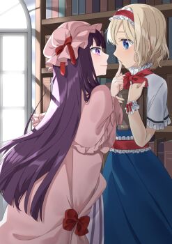 2girls alice_margatroid blonde_hair blue_dress blue_eyes book bookshelf capelet closed_mouth commentary_request dress eye_contact finger_to_another's_mouth frilled_hairband frilled_sash frills hairband hat highres holding holding_book imminent_kiss indoors lolita_hairband long_hair looking_at_another mob_cap multiple_girls patchouli_knowledge pink_capelet pink_dress pink_hat purple_eyes purple_hair red_hairband red_sash sash smile striped_clothes striped_dress touhou tsuno_no_hito vertical-striped_clothes vertical-striped_dress very_long_hair waist_sash white_capelet wrist_cuffs