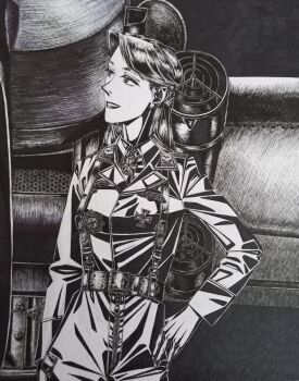 Rule 34 | 1girl, absurdres, aircraft, airplane, belt around waist, bordfunker133, clothing request, commentary, english commentary, friedrich rumpelhardt, genderswap, genderswap (mtf), greyscale, grin, highres, jacket, load bearing equipment, long hair, looking to the side, looking up, luftwaffe, military uniform, monochrome, nazi, nazi party pin, real life, rumpelhardt-chan (bordfunker133), smile, soldier, solo, swastika, world war ii, zipper pull tab