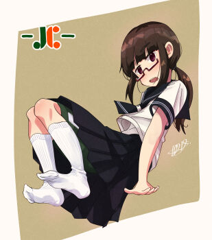 1021g 1girl absurdres blush brown_background brown_eyes brown_hair feet glasses hashtag-only_commentary highres jimiko kneehighs long_hair no_shoes open_mouth original pleated_skirt red-framed_eyewear sailor_collar school_uniform semi-rimless_eyewear serafuku short_sleeves sitting skirt socks soles solo under-rim_eyewear