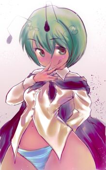 Rule 34 | 1girl, :q, antennae, arm behind back, bad id, bad pixiv id, blush, bob cut, buttons, cape, cong1991, dress shirt, female focus, fingernails, fingers to mouth, gradient background, green eyes, green hair, matching hair/eyes, naughty face, navel, no pants, panties, shirt, short hair, solo, spread fingers, striped clothes, striped panties, tongue, tongue out, touhou, underwear, wide hips, wriggle nightbug