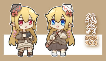 Rule 34 | 2girls, alternate costume, bag, black hat, blonde hair, blue eyes, bow, bowtie, brown bag, brown cardigan, brown shirt, brown skirt, brown vest, camera, cardigan, chibi, chibi only, chinese commentary, chinese text, collared shirt, commentary request, dress, dual persona, edsky0309, full body, hat, hat bow, holding, holding camera, lily black, lily white, long hair, looking at viewer, multiple girls, open cardigan, open clothes, open mouth, pink wings, pleated skirt, pointy ears, red bow, red bowtie, shirt, shoulder bag, skirt, smile, touhou, translation request, very long hair, vest, white dress, white hat, wings