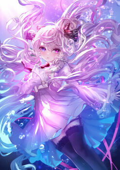 1girl 25-ji_miku air_bubble black_thighhighs blue_eyes blush bubble commentary_request dress feet_out_of_frame hair_ornament hatsune_miku heterochromia highres komorihikki long_hair long_sleeves looking_at_viewer parted_lips project_sekai puffy_sleeves purple_eyes ribbon sensitive solo thighhighs underwater very_long_hair