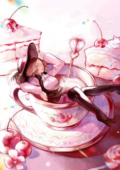 1girl absurdres breasts brown_hair cake cherry closed_eyes cup fluffy_hair food fruit gloves hashtag-only_commentary hat hat_feather heart highres junoracle long_sleeves okumura_haru open_mouth pantyhose persona persona_5 short_hair solo tea teacup