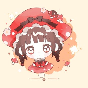 1girl :&lt; animal_feet baonu_de_zhanshen_caibutou bare_shoulders black_bow black_bowtie blunt_bangs bow bowtie braid brooch brown_eyes brown_hair cherry_blossoms chibi chinese_commentary closed_mouth clothing_cutout commentary_request curious dot_nose dress eyelashes flower flower_brooch frilled_headwear frilled_sleeves frills glimmering_forest_(infinity_nikki) hair_bobbles hair_ornament hat hat_bow hat_flower hat_ornament highres infinity_nikki jewelry light_blush light_particles long_hair long_sleeves looking_at_viewer low_twin_braids mushroom mushroom_earrings mushroom_hat mushroom_hat_ornament neck_ruff nikki_(series) notice_lines on_mushroom orange_background pink_flower puffy_long_sleeves puffy_sleeves red_dress red_hat short_dress shoulder_cutout sitting sleeves_past_wrists solo sparkle straight-on tareme twin_braids two-tone_background very_long_hair white_flower yellow_background
