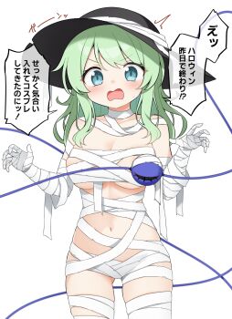 1girl bandaged_arm bandaged_torso bandages black_hat blush breasts claw_pose cleavage commentary_request eyeball gluteal_fold green_eyes green_hair hat highres komeiji_koishi long_hair medium_breasts naked_bandage navel open_mouth simple_background solo standing suwa_yasai third_eye touhou translation_request v-shaped_eyebrows white_background
