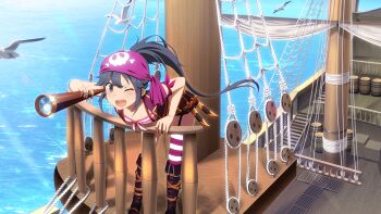 1girl :d bird black_hair blush boots game_cg hair_between_eyes hat holding knee_boots leaning_forward long_hair looking_at_viewer looking_through_scope non-web_source ocean official_art one_eye_closed open_mouth outdoors pink_thighhighs pirate pirate_ship ponytail purple_boots seagull sidelocks skull_and_crossbones sky smile solo spyglass standing striped_clothes striped_thighhighs thigh_strap thighhighs toji_no_miko toji_no_miko:_kizamishi_issen_no_tomoshibi water watercraft white_thighhighs yamashiro_yui