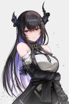 1girl absurdres asymmetrical_horns bare_shoulders black_hair black_horns blue_hair breasts clothing_cutout cowboy_shot dio_dio highres hololive horns large_breasts mole mole_under_eye multicolored_hair nerissa_ravencroft nerissa_ravencroft_(1st_costume) purple_eyes shirt shoulder_cutout simple_background solo two-tone_hair uneven_horns virtual_youtuber white_background white_shirt