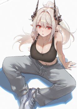 1girl absurdres alternate_costume alternate_hairstyle arknights arm_support black_horns black_sports_bra blush breasts chromatic_aberration cleavage commentary demon_horns english_commentary grey_hair grey_pants hair_between_eyes hair_intakes highres horns infection_monitor_(arknights) large_breasts long_hair looking_at_viewer material_growth mudrock_(arknights) open_mouth oripathy_lesion_(arknights) pants pointy_ears ponytail red_eyes shoes simple_background sitting solo sports_bra sweat sweatpants uof white_background white_shoes