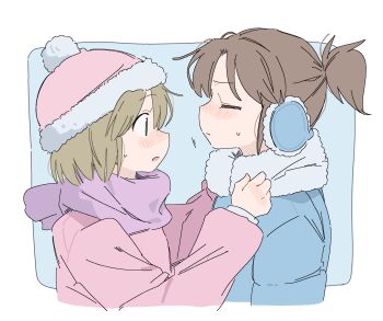 Rule 34 | 2girls, = =, beanie, blonde hair, blue background, blue coat, blush, border, brown hair, city (arawi keiichi), closed mouth, coat, commentary request, earmuffs, from side, fur-trimmed coat, fur trim, green eyes, hat, highres, looking at another, medium hair, multiple girls, nagumo midori, niikura (city), open mouth, pink coat, pink hat, ponytail, profile, purple scarf, scarf, short hair, short ponytail, sidelocks, small sweatdrop, white border, wichimi, winter clothes, winter coat