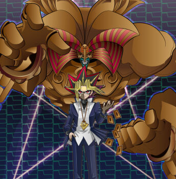 1boy arm_up card clenched_hand clenched_teeth collar duel_monster colored_bangs exodia exodia_the_forbidden_one hand_in_pocket jacket jewelry looking_at_viewer male_focus millennium_puzzle monster multicolored_hair necklace open_clothes open_jacket pants pentagram red_eyes rope smile smirk solo spiked_hair summer_tree_(natsuking) summoning teeth third_eye yami_yugi yu-gi-oh! yu-gi-oh!_duel_monsters