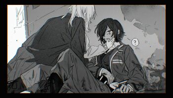 2girls ? against_wall belt black_border blood blood_on_clothes blood_on_face boots border collared_shirt ear_piercing faust_(project_moon) feet_out_of_frame from_behind furrowed_brow greyscale hair_over_one_eye hand_on_another&#039;s_cheek hand_on_another&#039;s_face hashtag-only_commentary highres holding holding_weapon jacket lace-up_boots limbus_company looking_at_another medium_hair monochrome multiple_girls necktie on_floor outdoors outis_(project_moon) pants parted_lips piercing project_moon shirt short_hair sitting speech_bubble spoken_question_mark sweat uzr_akira vest weapon yuri