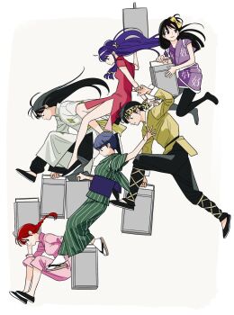 2boys 4girls bandana bell black_hair black_pants black_shoes blue_hair border bow braid breasts china_dress chinese_clothes double_bun dress eyewear_on_head flats full_body genderswap genderswap_(mtf) glasses green_kimono grey_background hair_bell hair_between_eyes hair_bow hair_bun hair_ornament headband hibiki_ryouga highres hiroko_hiyokogm japanese_clothes kimono long_hair medium_breasts mousse_(ranma_1/2) multiple_boys multiple_girls obi pants pelvic_curtain pink_dress print_bandana print_headband purple_tunic ranma-chan ranma_1/2 red_dress red_hair robe sash shampoo_(ranma_1/2) shirt shoes short_hair short_sleeves sidelocks single_braid smile striped_clothes striped_kimono tendou_akane tunic white_border white_robe yellow_bow yellow_shirt