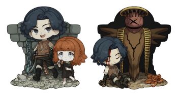 1boy 1girl artist_name barefoot black_boots black_dress black_eyes black_gloves black_hair black_pants blood blood_on_face boots cahara_(fear_&amp;_hunger) chain child closed_mouth dot_mouth dress fear_&amp;_hunger_(series) fear_&amp;_hunger_1 fold-over_gloves full_body gloves grey_hair hashtag-only_commentary highres kingjoshua leather looking_at_viewer merchandise_available open_mouth orange_hair pants scar scar_on_arm short_hair simple_background sitting smile spoilers teeth the_girl_(fear_&amp;_hunger) the_god_of_fear_and_hunger twitter_username upper_teeth_only walking white_background