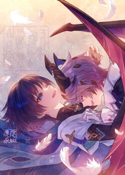 2boys animal_print asymmetrical_wings bird_print black_bodysuit black_bridal_gauntlets black_hair black_horns blue_cape blue_sleeves blunt_ends bodysuit boy_on_top bridal_gauntlets bright_pupils cape closed_eyes colored_eyelashes commentary_request dragon_boy dragon_horns dragon_wings durin_(genshin_impact) facing_another falling_feathers fangs feathers fingernails furisode genshin_impact gloves gold_ring gold_trim hand_on_own_chest hand_up happy head_on_chest highres horns japanese_clothes kimono layered_sleeves light_blush looking_at_another mandarin_collar middle_ring mismatched_wings multicolored_hair multiple_boys nagi_yusura one_eye_closed open_mouth purple_eyes purple_hair purple_rope purple_wings red_wings rope scaramouche_(genshin_impact) short_sleeves sideways_mouth streaked_hair teeth tsurime upper_teeth_only wanderer_(genshin_impact) watermark white_gloves white_pupils white_sleeves white_trim wings yellow_background