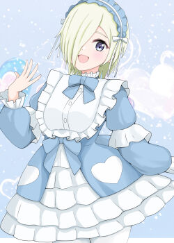 Rule 34 | 1girl, :d, absurdres, blonde hair, blue bow, blue bowtie, blue dress, bow, bowtie, commentary request, cowboy shot, dress, frilled dress, frilled hairband, frills, grey eyes, hair over one eye, hairband, hand up, highres, kurono (pixiv1905129), lolita fashion, lolita hairband, long sleeves, looking at viewer, love live!, love live! nijigasaki high school idol club, love live! nijigasaki high school idol club the movie - finale, medium hair, mia taylor, official alternate costume, one eye covered, open mouth, pantyhose, short dress, smile, solo, white pantyhose