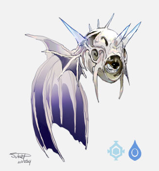 alternate_form cloyster commentary_request dated fins floating gen_1_pokemon grey_background highres nintendo no_humans pokemon pokemon_(creature) signature solo spines sukepmonster white_eyes