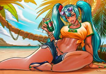 1girl aqua_eyes aqua_hair beach bead_choker beads belly_chain brazilian_flag brazilian_flag_print brazilian_miku can cloud eyewear_on_head flag_print flower grass green_nails guarana_antarctica hair_flower hair_ornament hatsune_miku highres holding holding_can jewelry long_hair looking_at_viewer midriff navel open_mouth outdoors palm_tree rankgo rectangular_earrings red_flower shirt short_sleeves shorts_tan smile solo sunglasses tan tanline tied_shirt tongue tongue_out tree twintails very_long_hair vocaloid white-framed_eyewear yellow_shirt