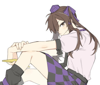 Rule 34 | 1girl, black leg warmers, black necktie, black skirt, brown eyes, brown hair, cellphone, checkered clothes, checkered skirt, commentary request, fang, fang out, flip phone, hat, himekaidou hatate, holding, holding phone, leg warmers, long hair, looking at viewer, necktie, phone, puffy short sleeves, puffy sleeves, purple hat, purple skirt, sakic43899, short sleeves, simple background, skirt, smile, solo, tokin hat, touhou, twintails, white background