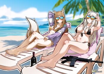 2girls absurdres animal_ear_fluff animal_ears arm_up artist_logo artist_name assault_rifle barefoot beach bikini black_bikini blurry blurry_background blush bottle breasts breasts_apart brown_bikini brown_hair day front-tie_bikini_top front-tie_top full_body grey_hair gun highres holo hololive hood hooded_jacket jacket large_breasts legs lion_ears lion_girl logo looking_at_viewer m4_carbine micro_bikini multiple_girls navel nisp_art open_clothes open_jacket outdoors outline palm_tree purple_jacket rifle shishiro_botan side-tie_bikini_bottom smile spice_and_wolf sunglasses swimsuit toes tree underboob virtual_youtuber weapon white_outline wine_bottle wolf_ears wolf_girl
