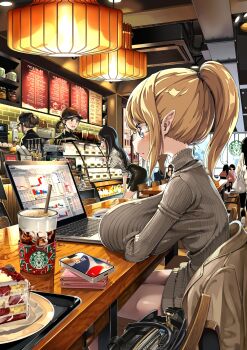 6+girls absurdres artificial_light bag black_hair blonde_hair blue_eyes breast_press breasts cafe cake cake_slice cellphone computer elf food glass handbag hat heart heart-shaped_pupils highres huge_breasts indoors laptop large_breasts miyu_(miyu_heuung) multiple_girls original phone pointy_ears ponytail serious sitting starbucks stock_trading_elf_(miyu) sweater symbol-shaped_pupils table waitress wallet window