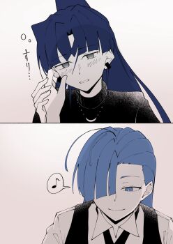 2girls ado_(utaite) ahoge blue_eyes blue_hair closed_mouth commentary_request hair_between_eyes highres long_hair merry_(ado) multiple_girls musical_note naima_(ado) nori_(norinori_yrl) ponytail readymade_(ado) shirt spoken_musical_note translation_request upper_body usseewa vest yuri