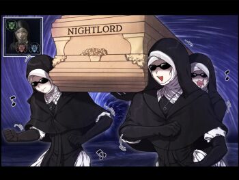 3girls assisted_carrying black_capelet black_hood capelet carrying carrying_over_shoulder casket coif commentary_request dancing dancing_pallbearers_(meme) donar0217 elden_ring elden_ring_nightreign english_text game_screenshot_inset in-universe_location korean_commentary meme motion_lines mouth_tentacles multiple_girls musical_note nun open_mouth screenshot_inset smile sunglasses tentacles undertaker_(elden_ring) white_coif