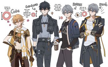 4boys absurdres aether_(genshin_impact) ahoge arm_armor arm_ribbon armor arrow_(symbol) baggy_pants belt black_belt black_coat black_gloves black_hair black_jacket black_pants black_shirt blonde_hair blue_eyes blue_jacket braid brown_gloves brown_pants brown_shirt buttons caelus_(honkai:_star_rail) closed_mouth clothes_writing coat collarbone collared_jacket commentary company_connection cowboy_shot crossed_arms crossed_bangs crossover cup disposable_coffee_cup disposable_cup earrings english_commentary english_text fingerless_gloves flower genshin_impact gloves gold_trim grey_belt grey_hair grey_shirt hair_between_eyes hair_ornament hair_ribbon hand_in_pocket hand_on_own_hip highres holding holding_cup honkai:_star_rail honkai_(series) hood hooded_coat jacket jewelry lapels layered_sleeves long_hair long_sleeves looking_at_viewer low-braided_long_hair low-tied_long_hair male_focus male_rover_(wuthering_waves) mandarin_collar midriff mihoyo multiple_boys navel necklace open_clothes open_coat open_jacket pants pink_flower pnk_crow pocket ribbon rover_(wuthering_waves) scarf shirt short_over_long_sleeves short_sleeves shoulder_armor simple_background single_braid single_earring smile sparkle speech_bubble standing star_(symbol) t-shirt tassel teeth thigh_strap thumbs_up trailblazer_(honkai:_star_rail) two-sided_coat two-sided_fabric white_background white_ribbon white_scarf white_shirt wise_(zenless_zone_zero) wuthering_waves yaoi yellow_coat yellow_eyes zenless_zone_zero