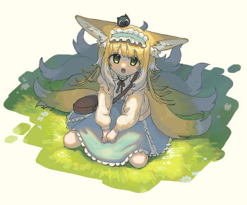 Rule 34 | 1girl, animal ears, arknights, bag, blonde hair, blue hairband, blue skirt, brown bag, brown ribbon, cardigan, colored tips, commentary request, creature on head, crossover, fox ears, fox girl, fox tail, frilled hairband, frills, futaki (can opus), green eyes, hairband, heixiu, high-waist skirt, kitsune, kyuubi, long sleeves, looking at viewer, luo xiaohei zhanji, multicolored hair, multiple tails, neck ribbon, official alternate costume, on grass, on head, open mouth, puffy long sleeves, puffy sleeves, ribbon, round bag, shirt, shoulder bag, sitting, skirt, solo, suzuran (arknights), suzuran (spring praise) (arknights), tail, teeth, upper teeth only, wariza, white hair, white shirt, yellow cardigan