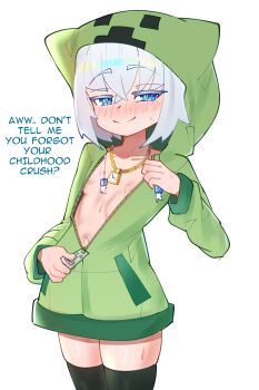 1girl black_thighhighs blue_eyes blue_hair blush borrowed_character breasts creeparka creeper english_text functionally_nude gold_necklace green_hoodie green_jacket hood hoodie jacket jewelry kurosu169 loli looking_at_viewer minecraft naked_jacket navel necklace no_bra seductive_gaze seductive_smile skindentation small_breasts smile smug sweatdrop tassel thighhighs thighs unzipping white_background