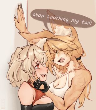 2girls animal_ear_fluff animal_ears black_gloves black_shirt body_fur burnice_white cat_ears cat_girl elbow_gloves fingerless_gloves furry furry_female furry_with_non-furry gloves highres interspecies long_hair looking_at_another medium_hair multiple_girls open_mouth parted_bangs ponytail pulchra_fellini red_eyes rory_ame sharp_teeth shirt smile teeth two_side_up yellow_fur yuri zenless_zone_zero