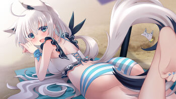 ahoge alternate_costume animal_ear_fluff animal_ear_piercing animal_ears aqua_eyes ass barefoot beach beach_mat bikini blue_ribbon braid commentary_request feet_up fox_ears fox_girl fox_tail hair_between_eyes hololive long_hair looking_at_viewer lying on_stomach open_mouth outdoors ribbon shirakami_fubuki side_braid single_braid striped_bikini striped_clothes sukonbu_(shirakami_fubuki) swimsuit tail to-matoma virtual_youtuber white_hair