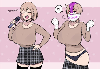2girls black_choker black_eyes black_panties black_skirt black_thighhighs blush bow bow_panties bra breasts choker closed_eyes clothes_pull collarbone commentary contrapposto cowboy_shot earrings english_commentary english_text full-face_blush gagged hand_on_own_hip highres holding holding_microphone huge_breasts jam-orbital jewelry looking_at_viewer microphone multiple_girls multiple_views nail_polish object_on_head open_mouth original panties panties_on_head pink_background pink_nails pleated_skirt shirt short_hair simple_background skindentation skirt skirt_pull star_(symbol) t-shirt teeth thighhighs underwear unmoving_pattern upper_teeth_only zettai_ryouiki