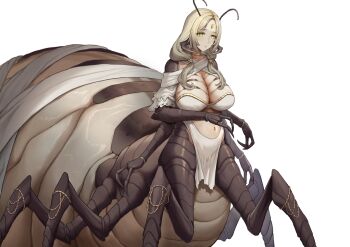 1girl absurdres ant_girl antennae arthropod_girl blonde_hair blush breasts claws cleavage commentary_request dress extra_arms extra_legs forehead_jewel gold_choker highres huge_breasts low_twintails monster_girl navel original parted_bangs parted_lips pelvic_curtain shengxiu_de_pige simple_background solo standing twintails white_background white_dress yellow_eyes